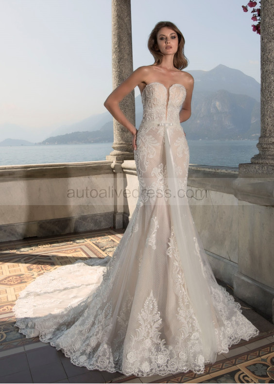 Beaded Strapless Lace Tulle Glitter Wedding Dress Beaded Strapless Lace Tulle Glitter Wedding Dress